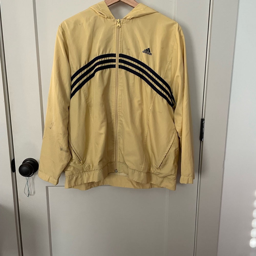 Adidas Light Yellow Hooded Jacket with Black Stripes
